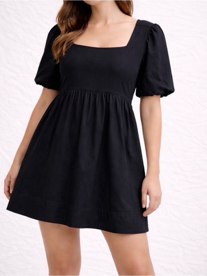 Oak+Fort Size S Black Babydoll Mini Dress Open Back Puff Sleeve Dress (E55)